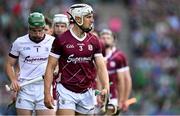 8 July 2023; Galway captain Daithí Burke leads his team during the parade before during the GAA Hurling All-Ireland Senior Championship semi-final match between Limerick and Galway at Croke Park in Dublin. Photo by Brendan Moran/Sportsfile