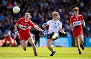 9 July 2023; Tommy Mallen of Monaghan in action against Eamon Young of Derry during the Electric Ireland GAA Football All-Ireland Minor Championship final match between Derry and Monaghan at Box-IT Athletic Grounds in Armagh. Photo by Ramsey Cardy/Sportsfile