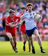 9 July 2023; Conor Jones of Monaghan in action against Eamon Young of Derry during the Electric Ireland GAA Football All-Ireland Minor Championship final match between Derry and Monaghan at Box-IT Athletic Grounds in Armagh. Photo by Ramsey Cardy/Sportsfile