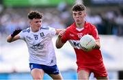 9 July 2023; Johnny McGuckin of Derry in action against Caolan Clerkin of Monaghan during the Electric Ireland GAA Football All-Ireland Minor Championship final match between Derry and Monaghan at Box-IT Athletic Grounds in Armagh. Photo by Ramsey Cardy/Sportsfile