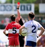 9 July 2023; Referee Seán Lonergan shows a red card to Cahir Speir of Derry during the Electric Ireland GAA Football All-Ireland Minor Championship final match between Derry and Monaghan at Box-IT Athletic Grounds in Armagh. Photo by Ramsey Cardy/Sportsfile