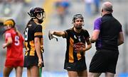 9 July 2023; Katie Power of Kilkenny remonstrates with referee John Dermody during the All-Ireland Senior Camogie Championship quarter-final match between Cork and Kilkenny at Croke Park in Dublin. Photo by Piaras Ó Mídheach/Sportsfile