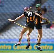 9 July 2023; Aoife Prendergast of Kilkenny celebrates with teammate Denise Gaule after scoring her side's second goal during the All-Ireland Senior Camogie Championship quarter-final match between Cork and Kilkenny at Croke Park in Dublin. Photo by John Sheridan/Sportsfile