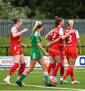 9 July 2023; Caitlin McGuinness of Cliftonville, 9, celebrates after scoring her side's first goal with teammate Kelsie Burrows during the Avenir Sports All-Island Cup semi-final match between Cliftonville and Cork City United at Solitude in Belfast. Photo by Stephen Marken/Sportsfile