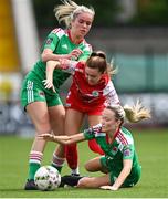 9 July 2023; Jesse Mendez, left, and Lauren Walsh of Cork City in action against Katie Markey of Cliftonville during the Avenir Sports All-Island Cup semi-final match between Cliftonville and Cork City United at Solitude in Belfast. Photo by Stephen Marken/Sportsfile