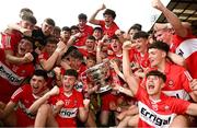 9 July 2023; The Derry team celebrate with the Tom Markham Cup after the Electric Ireland GAA Football All-Ireland Minor Championship final match between Derry and Monaghan at Box-IT Athletic Grounds in Armagh. Photo by Ramsey Cardy/Sportsfile