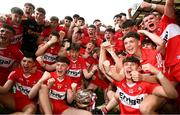 9 July 2023; The Derry team celebrate with the Tom Markham Cup after the Electric Ireland GAA Football All-Ireland Minor Championship final match between Derry and Monaghan at Box-IT Athletic Grounds in Armagh. Photo by Ramsey Cardy/Sportsfile