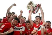 9 July 2023; The Derry team celebrate with the Tom Markham Cup after the Electric Ireland GAA Football All-Ireland Minor Championship final match between Derry and Monaghan at Box-IT Athletic Grounds in Armagh. Photo by Ramsey Cardy/Sportsfile