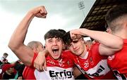 9 July 2023; Oisín Doherty, left, and Lee O'Neill of Derry celebrate after the Electric Ireland GAA Football All-Ireland Minor Championship final match between Derry and Monaghan at Box-IT Athletic Grounds in Armagh. Photo by Ramsey Cardy/Sportsfile