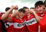 9 July 2023; Oisín Doherty, left, and Fintan McIvor of Derry celebrate after the Electric Ireland GAA Football All-Ireland Minor Championship final match between Derry and Monaghan at Box-IT Athletic Grounds in Armagh. Photo by Ramsey Cardy/Sportsfile