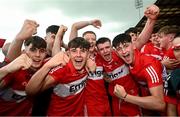 9 July 2023; Derry players celebrate after the Electric Ireland GAA Football All-Ireland Minor Championship final match between Derry and Monaghan at Box-IT Athletic Grounds in Armagh. Photo by Ramsey Cardy/Sportsfile