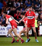 9 July 2023; John Boyle, right, and Ger Dillon of Derry celebrates at the final whistle of the Electric Ireland GAA Football All-Ireland Minor Championship final match between Derry and Monaghan at Box-IT Athletic Grounds in Armagh. Photo by Ramsey Cardy/Sportsfile
