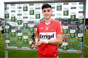 9 July 2023; Conall Higgins of Derry with the Electric Ireland Best & Fairest award following his major performance in the Electric Ireland GAA Football All-Ireland Minor Championship final match between Derry and Monaghan at Box-It Athletic Grounds in Armagh. Photo by Ramsey Cardy/Sportsfile