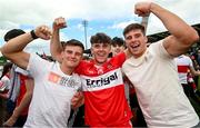 9 July 2023; Oisín Doherty of Derry celebrates with brothers, and Derry senior players Mark, left, and Conor, after the Electric Ireland GAA Football All-Ireland Minor Championship final match between Derry and Monaghan at Box-IT Athletic Grounds in Armagh. Photo by Ramsey Cardy/Sportsfile
