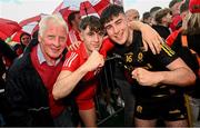 9 July 2023; Lee O'Neill, centre, and Derry goalkeeper Jude Mulholland with Brian McNamee after the Electric Ireland GAA Football All-Ireland Minor Championship final match between Derry and Monaghan at Box-IT Athletic Grounds in Armagh. Photo by Ramsey Cardy/Sportsfile