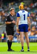 9 July 2023; Referee Colm Lyons speaking to Clare goalkeeper Eibhear Quilligan before the GAA Hurling All-Ireland Senior Championship semi-final match between Kilkenny and Clare at Croke Park in Dublin. Photo by Ray McManus/Sportsfile