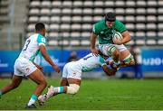 9 July 2023; Ruadhan Quinn of Ireland avoids the tackle of Jurenzo Julius of South Africa during the U20 Rugby World Cup semi-final match between Ireland and South Africa at Athlone Sports Stadium in Cape Town, South Africa. Photo by Shaun Roy/Sportsfile