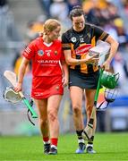 9 July 2023; Laura Tracey of Cork and Denise Gaule of Kilkenny after the All-Ireland Senior Camogie Championship quarter-final match between Cork and Kilkenny at Croke Park in Dublin. Photo by Piaras Ó Mídheach/Sportsfile
