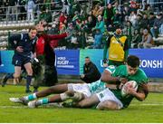 9 July 2023; James Nicholson of Ireland scores the opening try during the U20 Rugby World Cup semi-final match between Ireland and South Africa at Athlone Sports Stadium in Cape Town, South Africa. Photo by Shaun Roy/Sportsfile