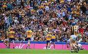 9 July 2023; Shane O'Donnell of Clare and supporters react after a shot by teammate Mark Rodgers, 15, was saved by Kilkenny goalkeeper Eoin Murphy during the GAA Hurling All-Ireland Senior Championship semi-final match between Kilkenny and Clare at Croke Park in Dublin. Photo by Brendan Moran/Sportsfile