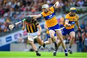 9 July 2023; Mikey Butler of Kilkenny is tackled by Ryan Taylor and Seadna Morey of Clare during the GAA Hurling All-Ireland Senior Championship semi-final match between Kilkenny and Clare at Croke Park in Dublin. Photo by Ray McManus/Sportsfile