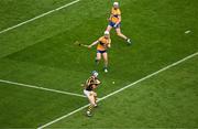 9 July 2023; TJ Reid of Kilkenny takes a shot on goal which was saved by Clare goalkeeper Eibhear Quilligan during the GAA Hurling All-Ireland Senior Championship semi-final match between Kilkenny and Clare at Croke Park in Dublin. Photo by Daire Brennan/Sportsfile