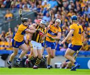 9 July 2023; TJ Reid of Kilkenny is tackled by Tony Kelly, John Conlon and Conor Cleary of Clare during the GAA Hurling All-Ireland Senior Championship semi-final match between Kilkenny and Clare at Croke Park in Dublin. Photo by Ray McManus/Sportsfile
