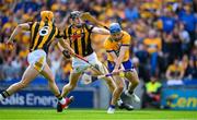 9 July 2023; Shane O'Donnell of Clare is tackled by Huw Lawlor and Richie Reid, 6, of Kilkenny during the GAA Hurling All-Ireland Senior Championship semi-final match between Kilkenny and Clare at Croke Park in Dublin. Photo by Ray McManus/Sportsfile