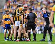 9 July 2023; Clare manager Brian Lohan speaks to referee Colm Lyons during the GAA Hurling All-Ireland Senior Championship semi-final match between Kilkenny and Clare at Croke Park in Dublin. Photo by Brendan Moran/Sportsfile