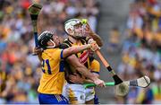 9 July 2023; Paddy Deegan of Kilkenny is tackled by David Reidy and Mark Rodgers of Clare during the GAA Hurling All-Ireland Senior Championship semi-final match between Kilkenny and Clare at Croke Park in Dublin. Photo by Brendan Moran/Sportsfile