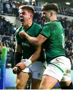 9 July 2023; Sam Berman of Ireland, left, celebrates scoring a second try as John Devine of Ireland congratulates during the U20 Rugby World Cup semi-final match between Ireland and South Africa at Athlone Sports Stadium in Cape Town, South Africa. Photo by Shaun Roy/Sportsfile