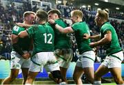 9 July 2023; Sam Berman of Ireland, left, is congratulated by team-mates after scoring his sides's second try during the U20 Rugby World Cup semi-final match between Ireland and South Africa at Athlone Sports Stadium in Cape Town, South Africa. Photo by Shaun Roy/Sportsfile