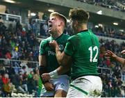 9 July 2023; Sam Berman of Ireland, left, celebrates scoring a second try as John Devine of Ireland congratulates during the U20 Rugby World Cup semi-final match between Ireland and South Africa at Athlone Sports Stadium in Cape Town, South Africa. Photo by Shaun Roy/Sportsfile