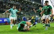 9 July 2023; Sam Berman of Ireland scores a try during the U20 Rugby World Cup semi-final match between Ireland and South Africa at Athlone Sports Stadium in Cape Town, South Africa. Photo by Shaun Roy/Sportsfile