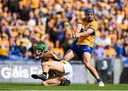 9 July 2023; Shane O'Donnell of Clare scores his side's first goal despite the efforts of Tommy Walsh of Kilkenny during the GAA Hurling All-Ireland Senior Championship semi-final match between Kilkenny and Clare at Croke Park in Dublin. Photo by Brendan Moran/Sportsfile