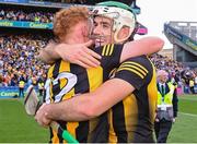 9 July 2023; Kilkenny players Paddy Deegan, right, and John Donnelly celebrate after their side's victory in the GAA Hurling All-Ireland Senior Championship semi-final match between Kilkenny and Clare at Croke Park in Dublin. Photo by Piaras Ó Mídheach/Sportsfile