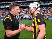 9 July 2023; Kilkenny manager Derek Lyng celebrates with Pádraig Walsh after their side's victory in the GAA Hurling All-Ireland Senior Championship semi-final match between Kilkenny and Clare at Croke Park in Dublin. Photo by Piaras Ó Mídheach/Sportsfile
