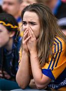 9 July 2023; A Clare supporter watches the closing moments of the GAA Hurling All-Ireland Senior Championship semi-final match between Kilkenny and Clare at Croke Park in Dublin. Photo by Brendan Moran/Sportsfile