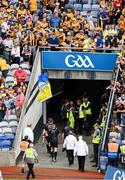 9 July 2023; Clare supporters in the Cusack Stand shout at referee Colm Lyons and his team as they leave the field after the GAA Hurling All-Ireland Senior Championship semi-final match between Kilkenny and Clare at Croke Park in Dublin. Photo by Daire Brennan/Sportsfile