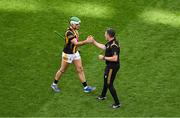 9 July 2023; Kilkenny manager Derek Lyng celebrates with Paddy Deegan of Kilkenny after the GAA Hurling All-Ireland Senior Championship semi-final match between Kilkenny and Clare at Croke Park in Dublin. Photo by Daire Brennan/Sportsfile