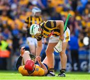 9 July 2023; Pádraig Walsh of Kilkenny commiserates with John Conlon of Clare after the GAA Hurling All-Ireland Senior Championship semi-final match between Kilkenny and Clare at Croke Park in Dublin. Photo by Ray McManus/Sportsfile