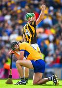 9 July 2023; Tommy Walsh of Kilkenny celebrates at the final whistle while Cathal Malone of Clare considers what might have been after the GAA Hurling All-Ireland Senior Championship semi-final match between Kilkenny and Clare at Croke Park in Dublin. Photo by Ray McManus/Sportsfile