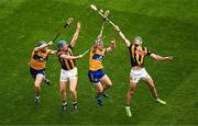 9 July 2023; Eoin Cody, right, and John Donnelly of Kilkenny in action against David McInerney, left, and Rory Hayes of Clare during the GAA Hurling All-Ireland Senior Championship semi-final match between Kilkenny and Clare at Croke Park in Dublin. Photo by Daire Brennan/Sportsfile