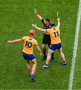 9 July 2023; Tony Kelly, right, and Peter Duggan of Clare react after referee Colm Lyons called back the play for a Clare free, instead of letting the play resume which resulted in a Clare goal, during the GAA Hurling All-Ireland Senior Championship semi-final match between Kilkenny and Clare at Croke Park in Dublin. Photo by Daire Brennan/Sportsfile