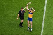 9 July 2023; Tony Kelly of Clare reacts after referee Colm Lyons called back the play for a Clare free, instead of letting the play resume which resulted in a Clare goal, during the GAA Hurling All-Ireland Senior Championship semi-final match between Kilkenny and Clare at Croke Park in Dublin. Photo by Daire Brennan/Sportsfile