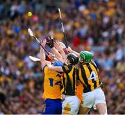 9 July 2023; Clare players Shane O'Donnell, 14, and David Fitzgerald tussle for possession of the sliothar with Kilkenny defenders David Blanchfield and Tommy Walsh, 4, the GAA Hurling All-Ireland Senior Championship semi-final match between Kilkenny and Clare at Croke Park in Dublin. Photo by Ray McManus/Sportsfile