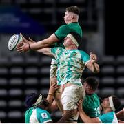 9 July 2023; Diarmuid Mangan of Ireland in action against JF van Heerden of South Africa during the U20 Rugby World Cup semi-final match between Ireland and South Africa at Athlone Sports Stadium in Cape Town, South Africa. Photo by Shaun Roy/Sportsfile