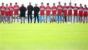 9 July 2023; The Derry team and manager Damian McErlean before the Electric Ireland GAA Football All-Ireland Minor Championship final match between Derry and Monaghan at Box-IT Athletic Grounds in Armagh. Photo by Ramsey Cardy/Sportsfile