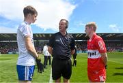 9 July 2023; Referee Seán Lonergan with captains Fionn McEldowney of Derry and Matthew Carolan of Monaghan during the Electric Ireland GAA Football All-Ireland Minor Championship final match between Derry and Monaghan at Box-IT Athletic Grounds in Armagh. Photo by Ramsey Cardy/Sportsfile