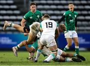 9 July 2023; Hugh Gavin of Ireland is tackled by Paul de Villiers and Jannes Potgieter of South Africa during the U20 Rugby World Cup semi-final match between Ireland and South Africa at Athlone Sports Stadium in Cape Town, South Africa. Photo by Shaun Roy/Sportsfile